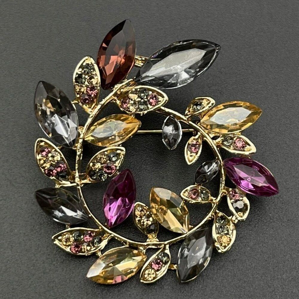 Yellow Gold with Multicolored Crystal Floral Leaf Wreath Pin Back Brooch